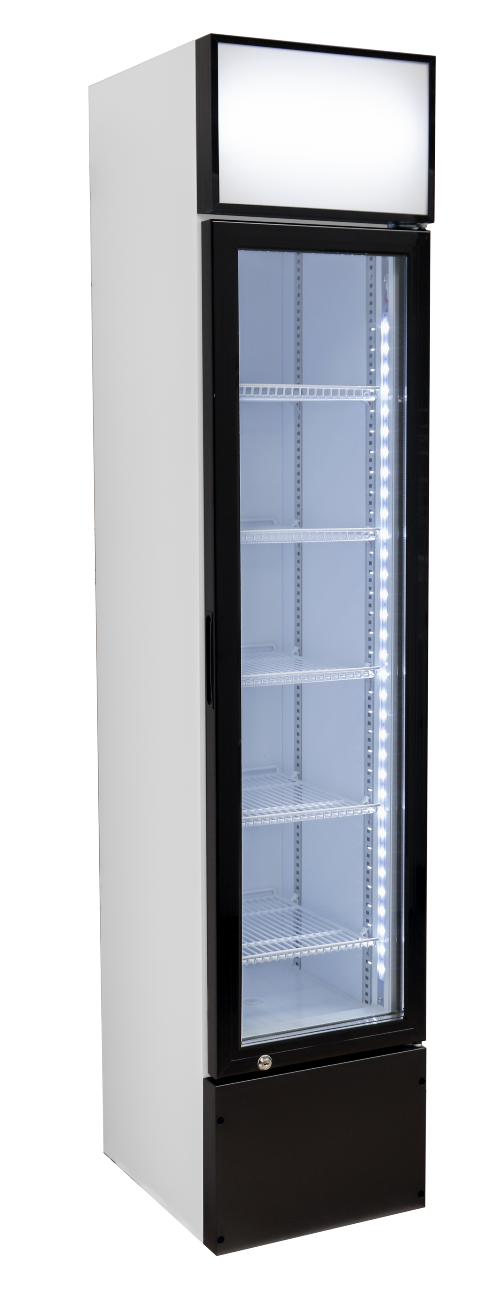 Hvidt displaykøleskab med fem hylder.